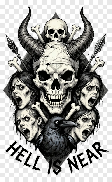 Skull With Horns And Screaming Faces PNG