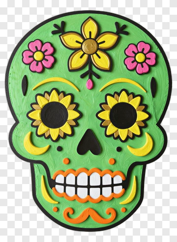 Colorful Sugar Skull With Floral Decorations PNG