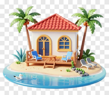 3D Beach House With Palm Trees PNG