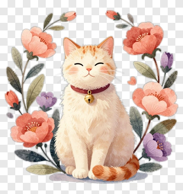Cute Cat Surrounded By Colorful Flowers PNG