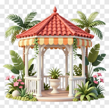 Garden Gazebo Surrounded By Tropical Plants PNG