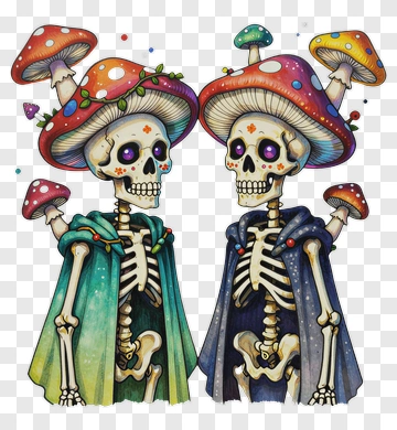 Colorful Skeletons With Mushroom Hats PNG