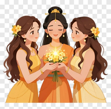 Three Women Holding Flowers In Traditional Attire PNG