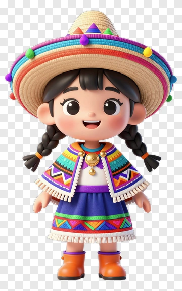 Cartoon Girl Wearing Colorful Traditional Mexican Outfit PNG
