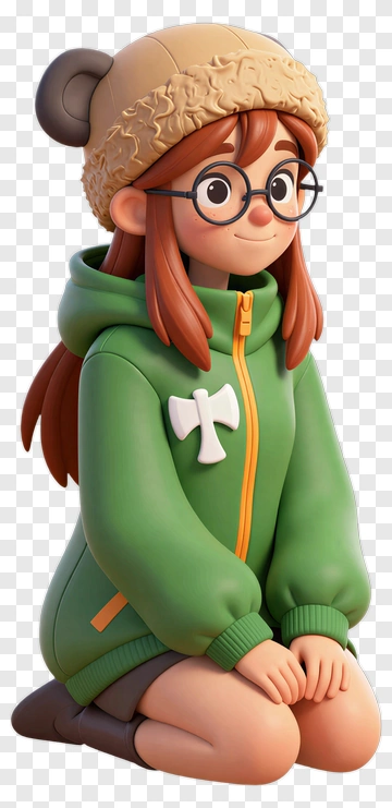 3D Girl In Green Hoodie With Bear Hat PNG