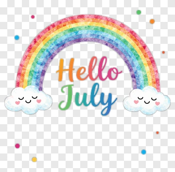 Rainbow With Clouds And Hello July Text PNG