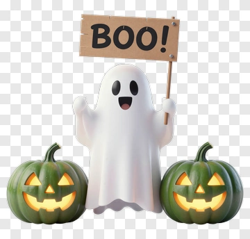 Cartoon Ghost Holding A Boo Sign With Halloween Pumpkins PNG