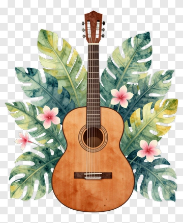 Acoustic Guitar Surrounded By Tropical Leaves And Flowers PNG