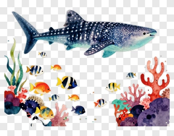 Whale Shark Swimming Among Colorful Coral And Fish PNG