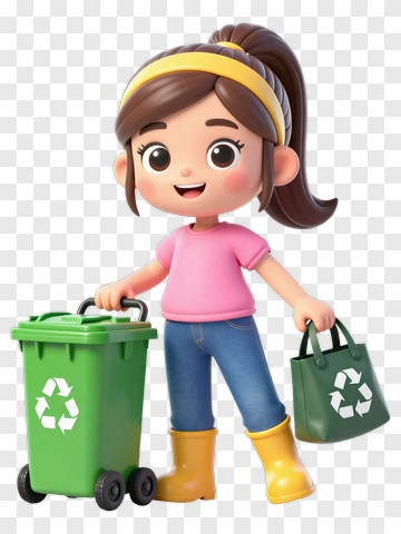 Cartoon Girl Holding Recycling Bin And Bag PNG