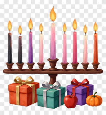 Hanukkah Menorah With Colorful Candles And Presents PNG