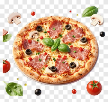 Pizza With Ham, Mushrooms, And Fresh Basil PNG
