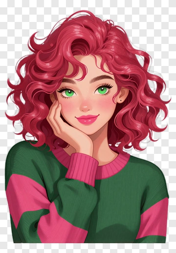Cartoon Girl With Pink Hair And Green Sweater PNG
