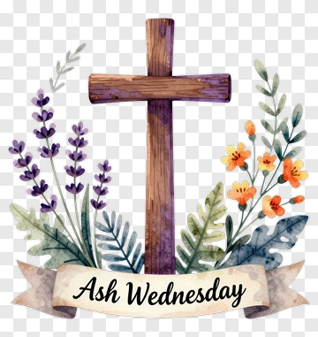 Wooden Cross With Ash Wednesday Flowers PNG