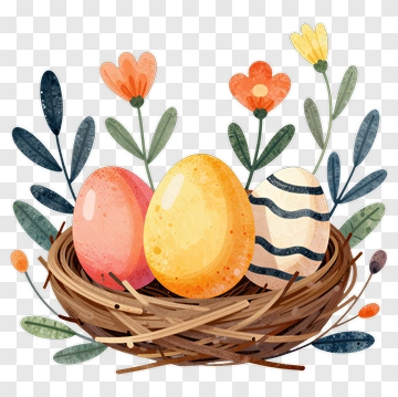 Colorful Easter Eggs In A Nest With Flowers PNG