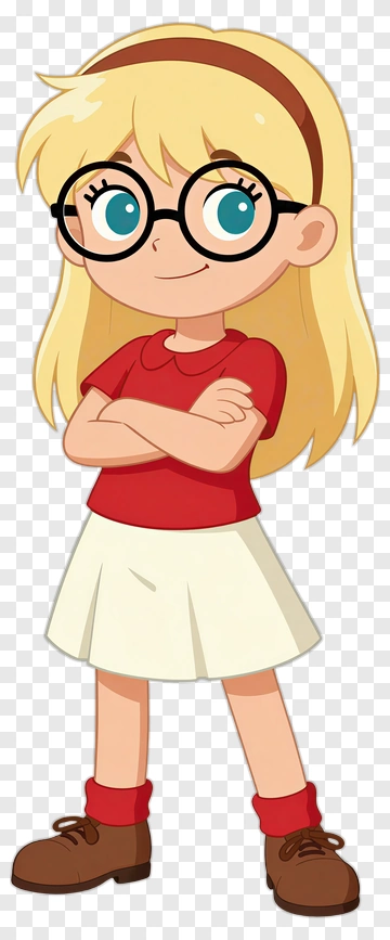 Cartoon Girl With Glasses And Red Shirt PNG