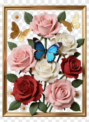 Colorful Rose Bouquet With Butterflies PNG