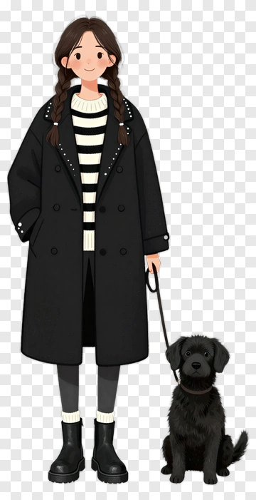 Girl Walking A Black Dog PNG