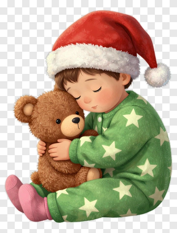 Child Holding A Teddy Bear In Christmas Pajamas PNG