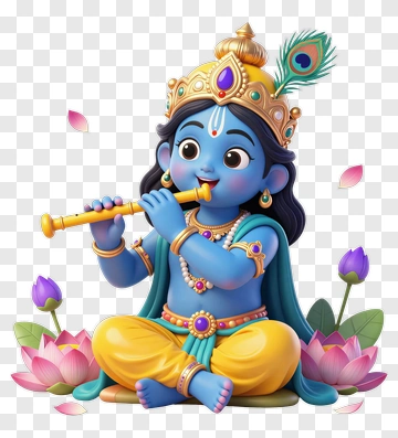 Cartoon Krishna Playing Flute Among Lotus Flowers PNG
