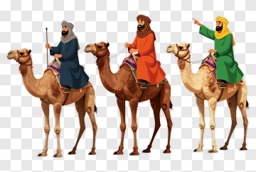 Three Men Riding Camels In Traditional Clothing PNG