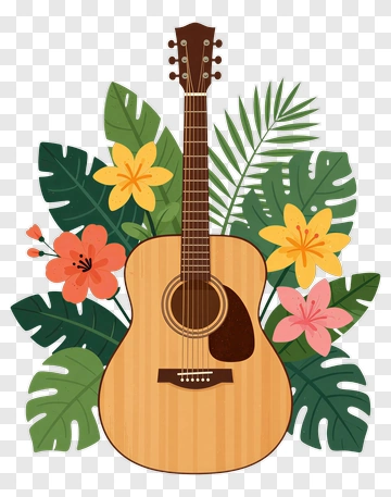 Acoustic Guitar Surrounded By Tropical Flowers And Leaves PNG