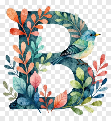 Colorful Letter B With Bird And Leaves PNG