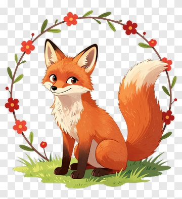 Cartoon Fox Sitting In A Floral Wreath PNG