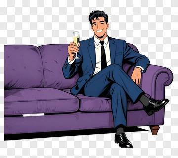 Cartoon Man Sitting On A Purple Couch With A Drink PNG