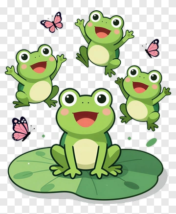 Cartoon Frogs On A Lily Pad With Butterflies PNG