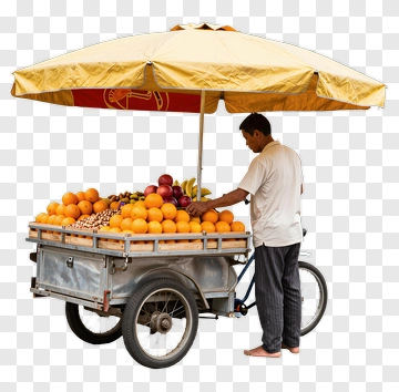 Fruit Vendor With Bicycle Cart Under Umbrella PNG