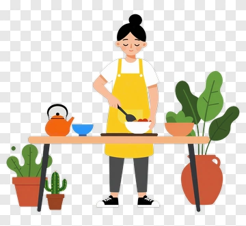Woman Cooking In A Kitchen With Plants PNG