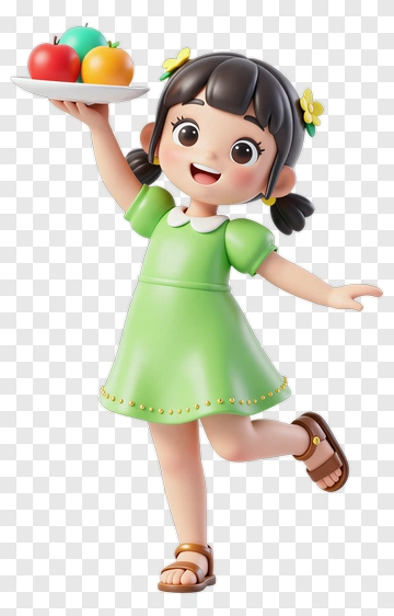 Cartoon Girl Holding A Plate Of Colorful Apples PNG