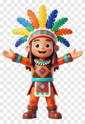 Cartoon Indigenous Character With Colorful Feathers PNG