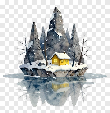 Snowy Cabin Surrounded By Mountains And Trees PNG