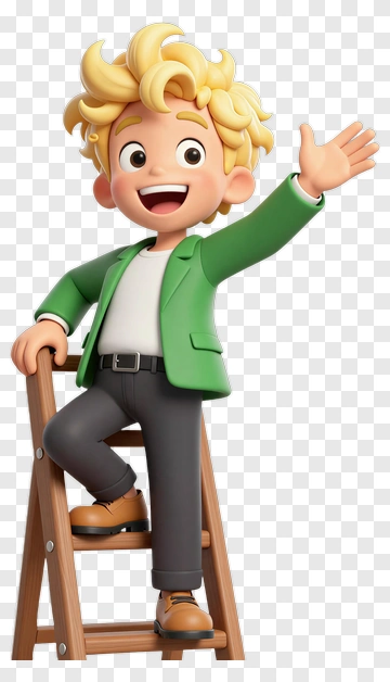 Cartoon Boy Waving From A Step Ladder PNG