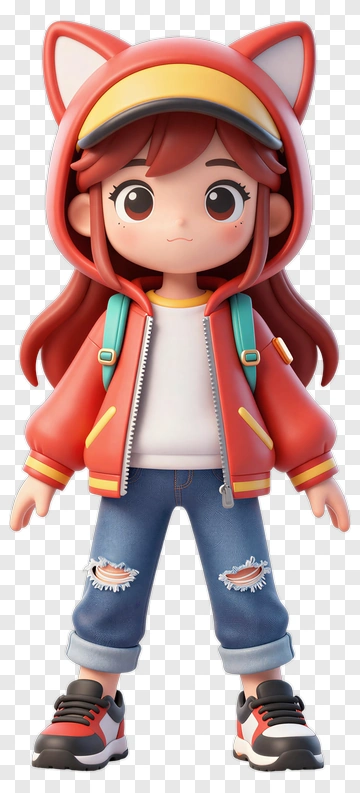 3D Girl Wearing Cat Ears Hoodie PNG