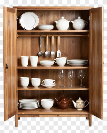 Wooden Cabinet With Tableware And Glassware PNG