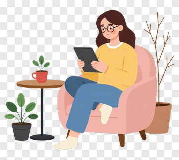 Woman Sitting In A Chair Using A Tablet PNG