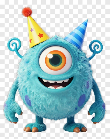 Colorful Cartoon Monster With Party Hats PNG