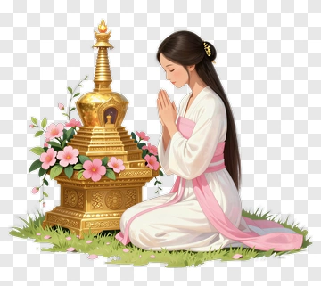 Woman Praying In Front Of A Golden Shrine PNG