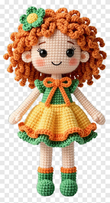 Crochet Doll With Orange Hair And Green Dress PNG