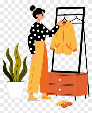 Woman Choosing A Yellow Jacket PNG
