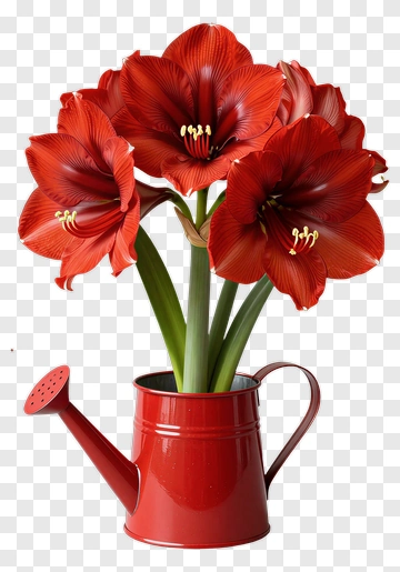 Red Amaryllis Flowers In A Watering Can PNG