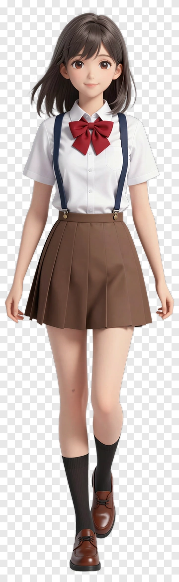 3D Schoolgirl In Brown Skirt And White Shirt PNG