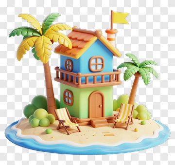 Colorful Beach House With Palm Trees PNG