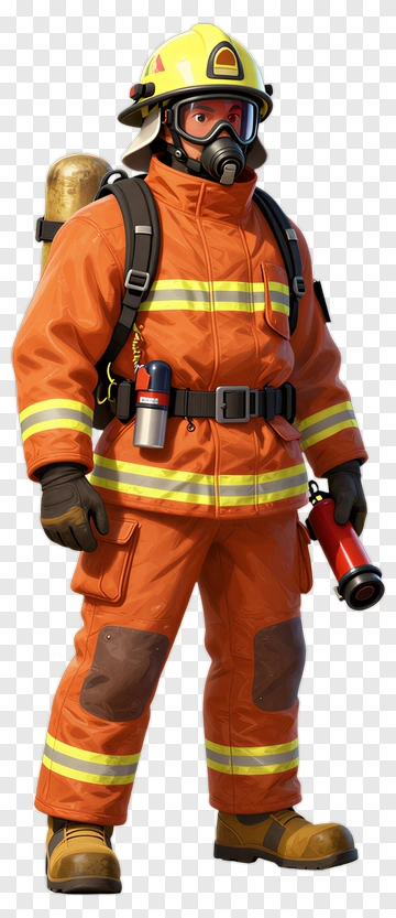 Firefighter In Orange Protective Gear PNG
