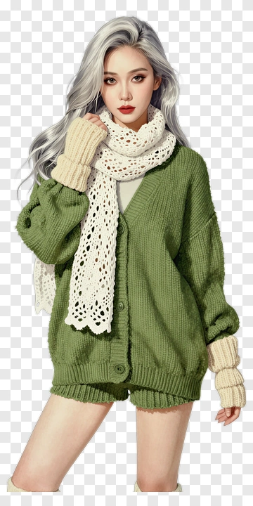 Woman In Green Sweater And White Scarf PNG