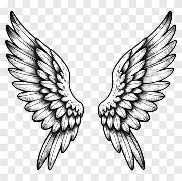 Detailed Black And White Angel Wings Illustration PNG