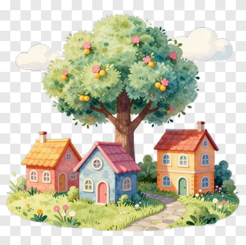 Colorful Tree With Three Small Houses PNG